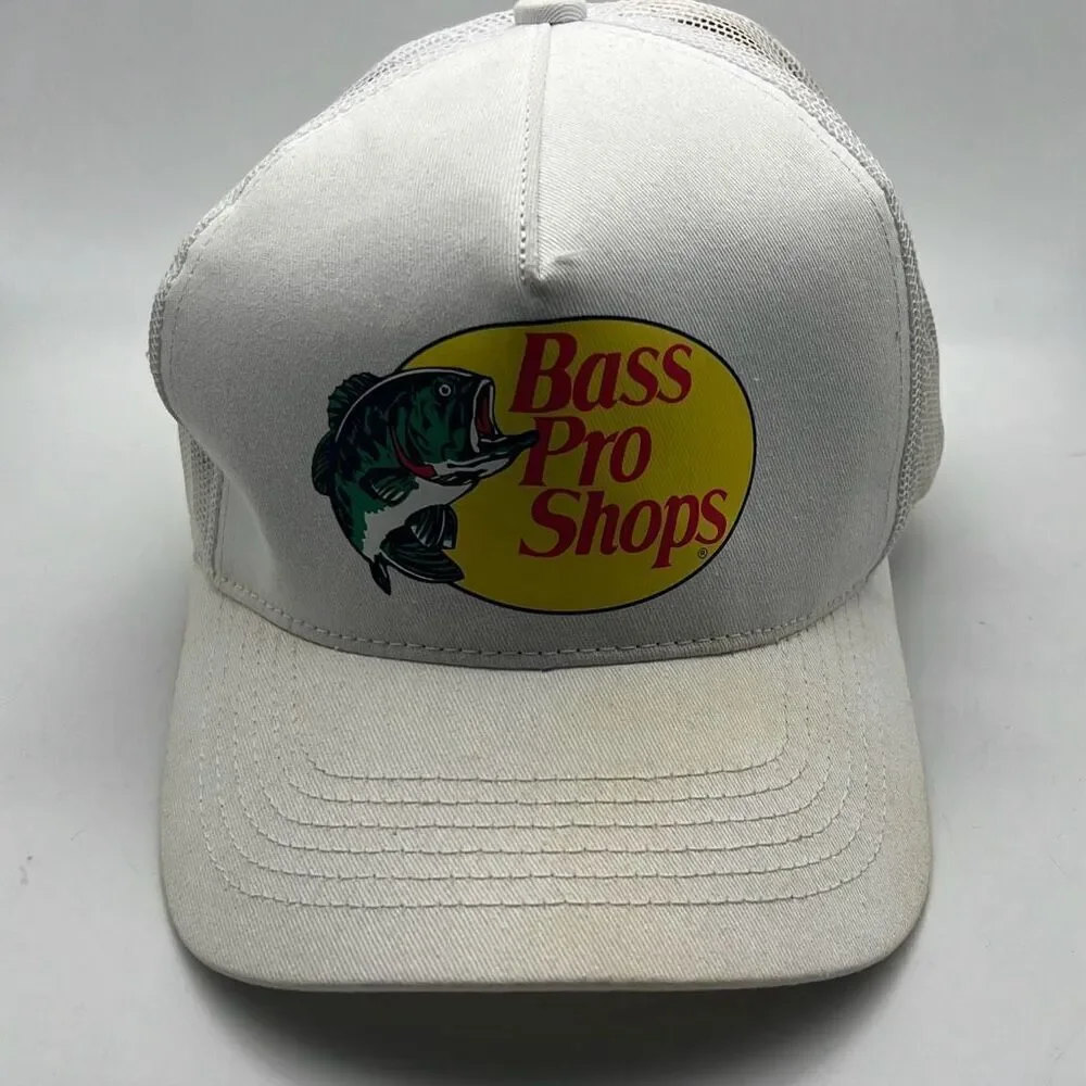 Bass‎ pro shops gone fishing white adjustable baseball hat / cap - preowned